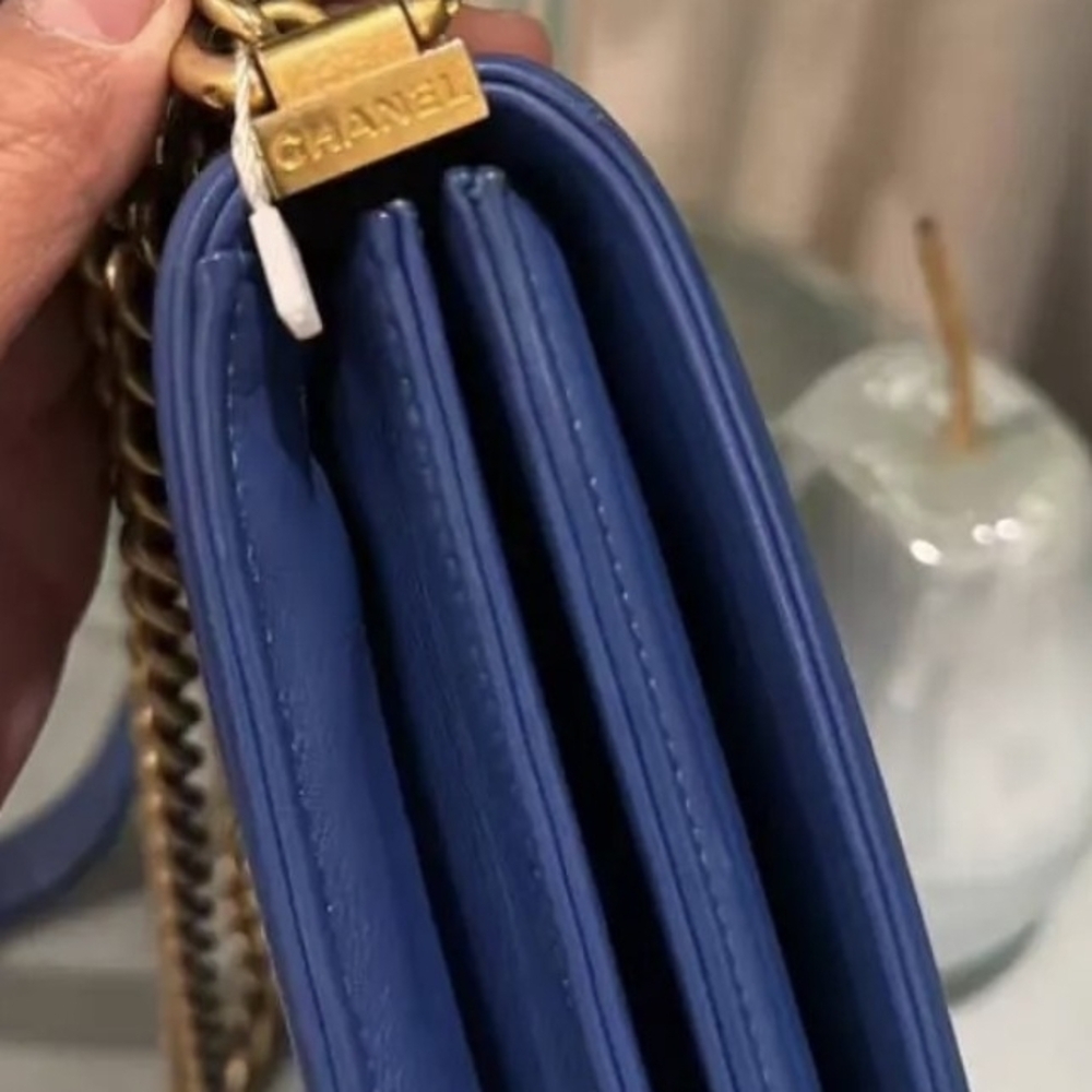 Chanel Boy North South Vertical Bag Blue Quilted Lambskin Gold HardwareAuthentic - Picture 8 of 17